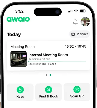 Awaio mobile app showing a room booking interface