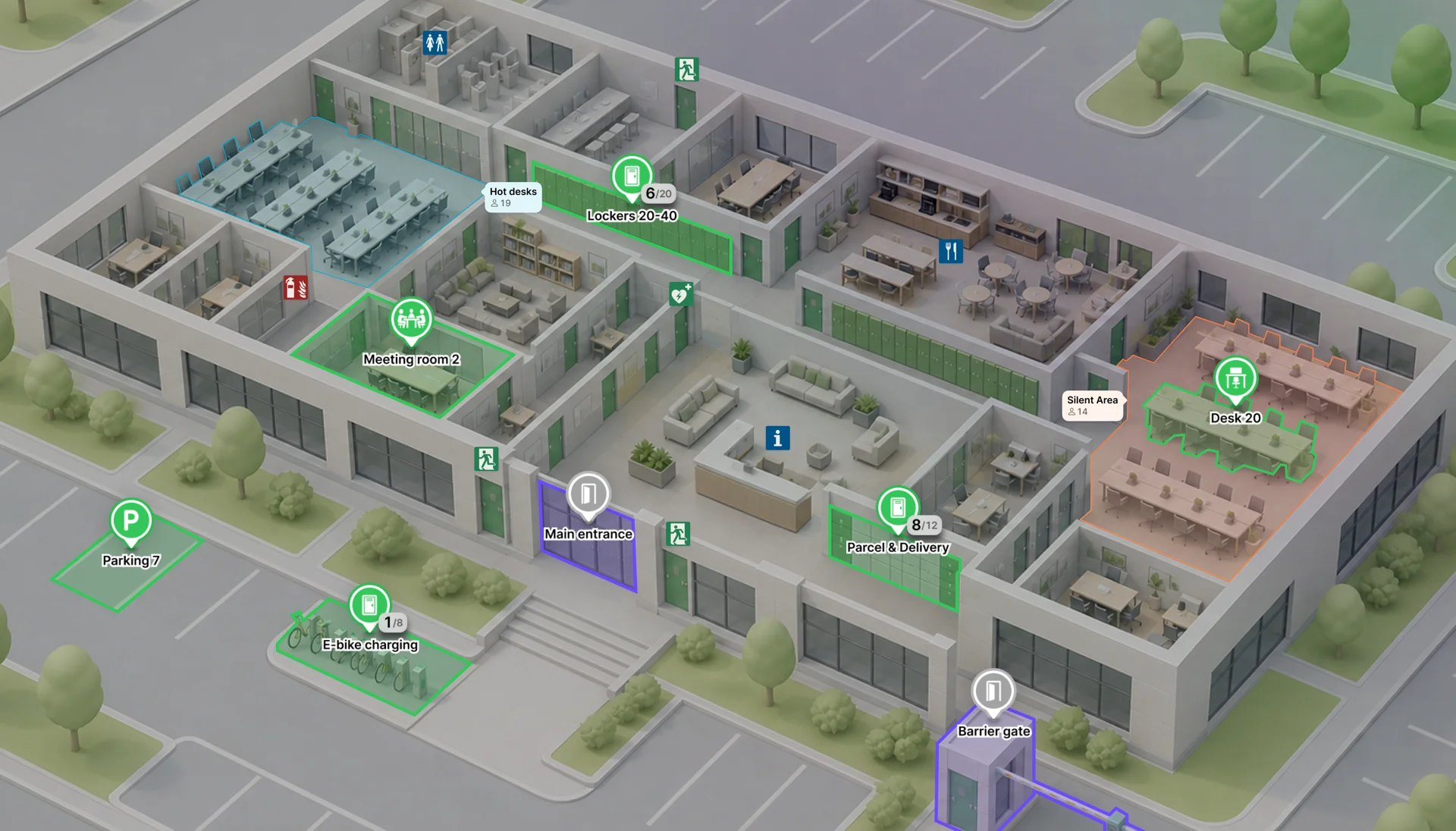 Interactive office map showing desks, meeting rooms, lockers, parking, and access points